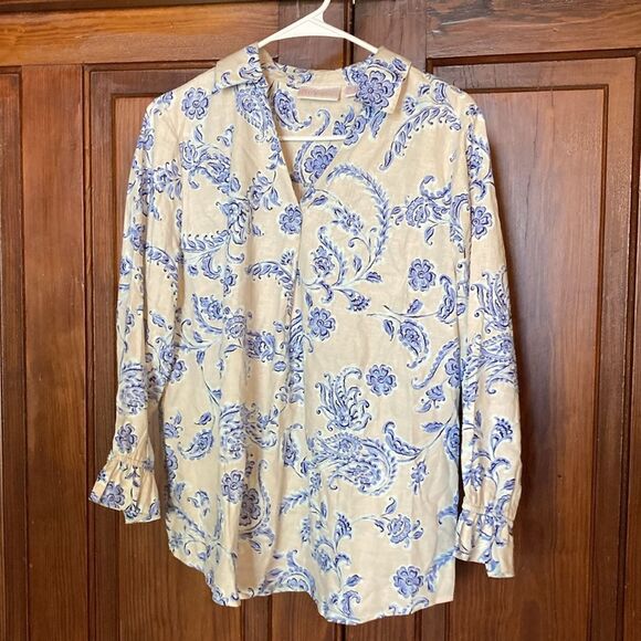 Belle by Kim Gravel True Blue Popover Tan Linen Rayon Blend Collared Blouse M - Picture 1 of 8